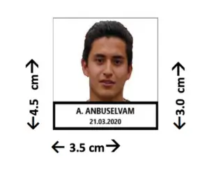 TNPSC Photo Editor: Resize, Compress & Add Name/Date as per Official Guidelines Illustration of TNPSC passport-size photo guidelines showing a male applicant's photo with a white background, his name 'A. ANBUSELVAM' and date '21.03.2020' printed at the bottom, and dimensions indicated as 4.5 cm height, 3.5 cm width, with the image portion being 3.0 cm and the text portion 1.5 cm.